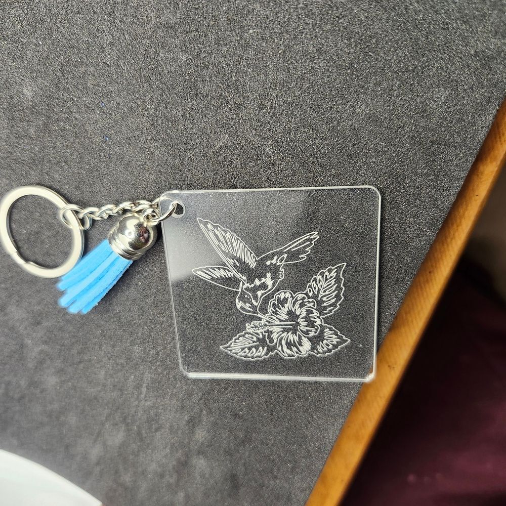 Hand Crafted Keychain Clear Acrylic Hummingbird with Blue Tassel